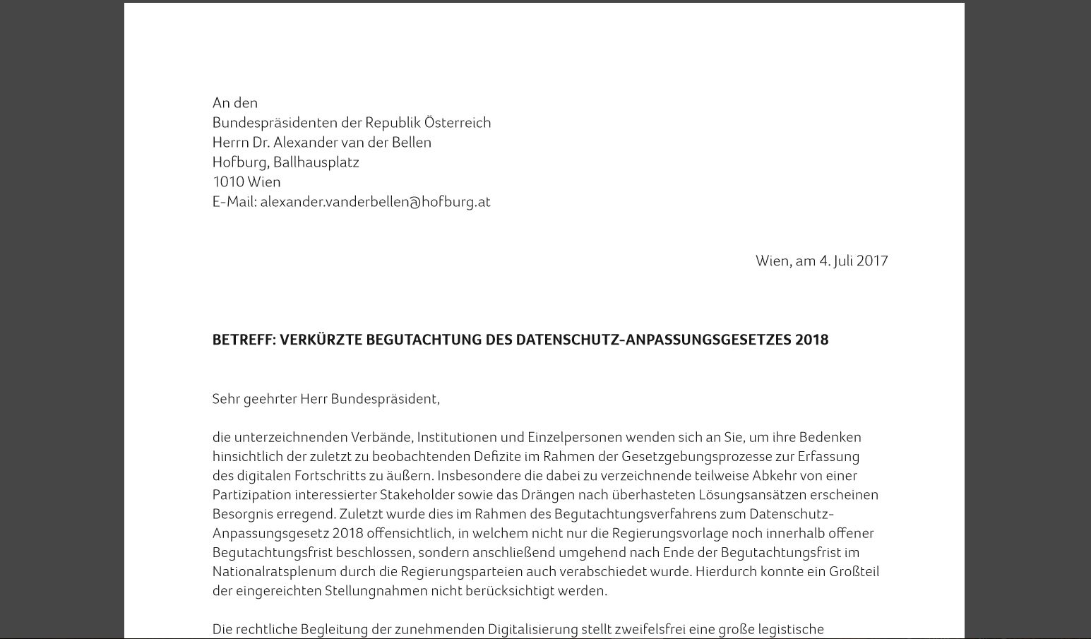 Offener Brief Datenschutz Anpassungsgesetz 2018