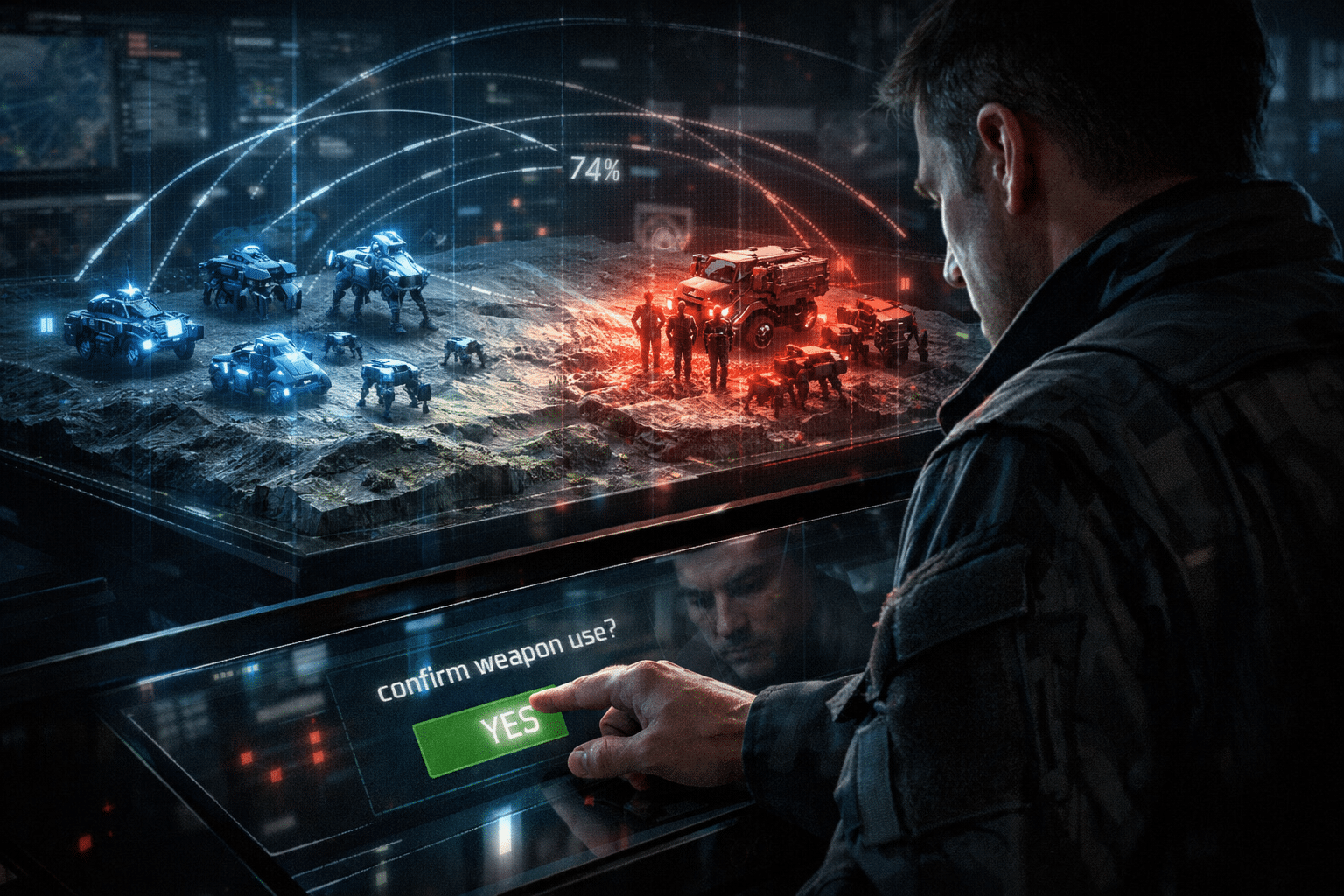 Eine taktische Kommandozentrale. Der Finger eines Menschen schwebt über einem Knopf, um "confirm weapon use" zu bestätigen