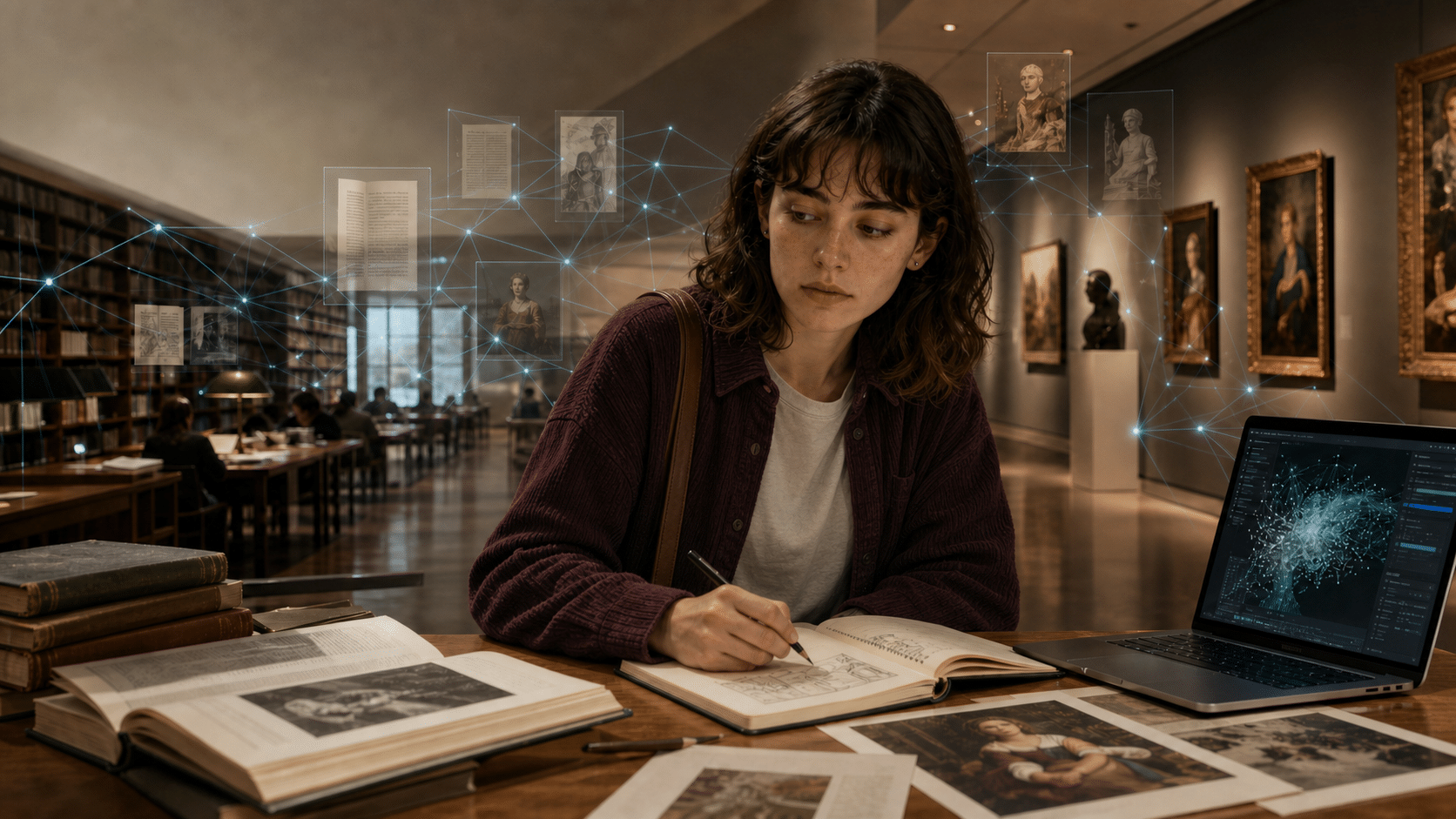 Mara sitzt umgeben von Büchern im Lesesaal einer Museumsbibliothek. Vor ihr aufgeschlagene Bücher mit Gemälden, sie selbst skizziert auf einem Block. Um ihren Kopf fliegen helle Sternchen, die konzentriertes Denken symbolisieren.
