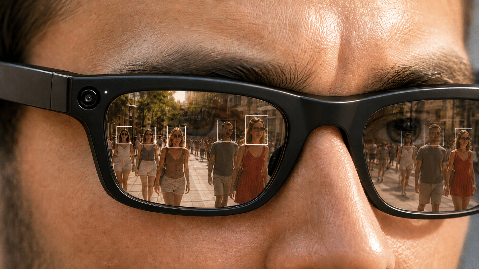 Großaufnahme eines männlichen Gesichts mit einer Brille mit dickem Rahmen und einer Kameralinse in einem Eck. In der Reflexion sieht man Passantinnen, deren Kopf mit einem Rechteck markiert ist wie bei einer Gesichtserkennung